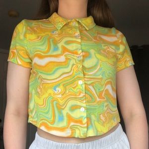 Justify yellow multicolored marble print crop collared cardigan/button up